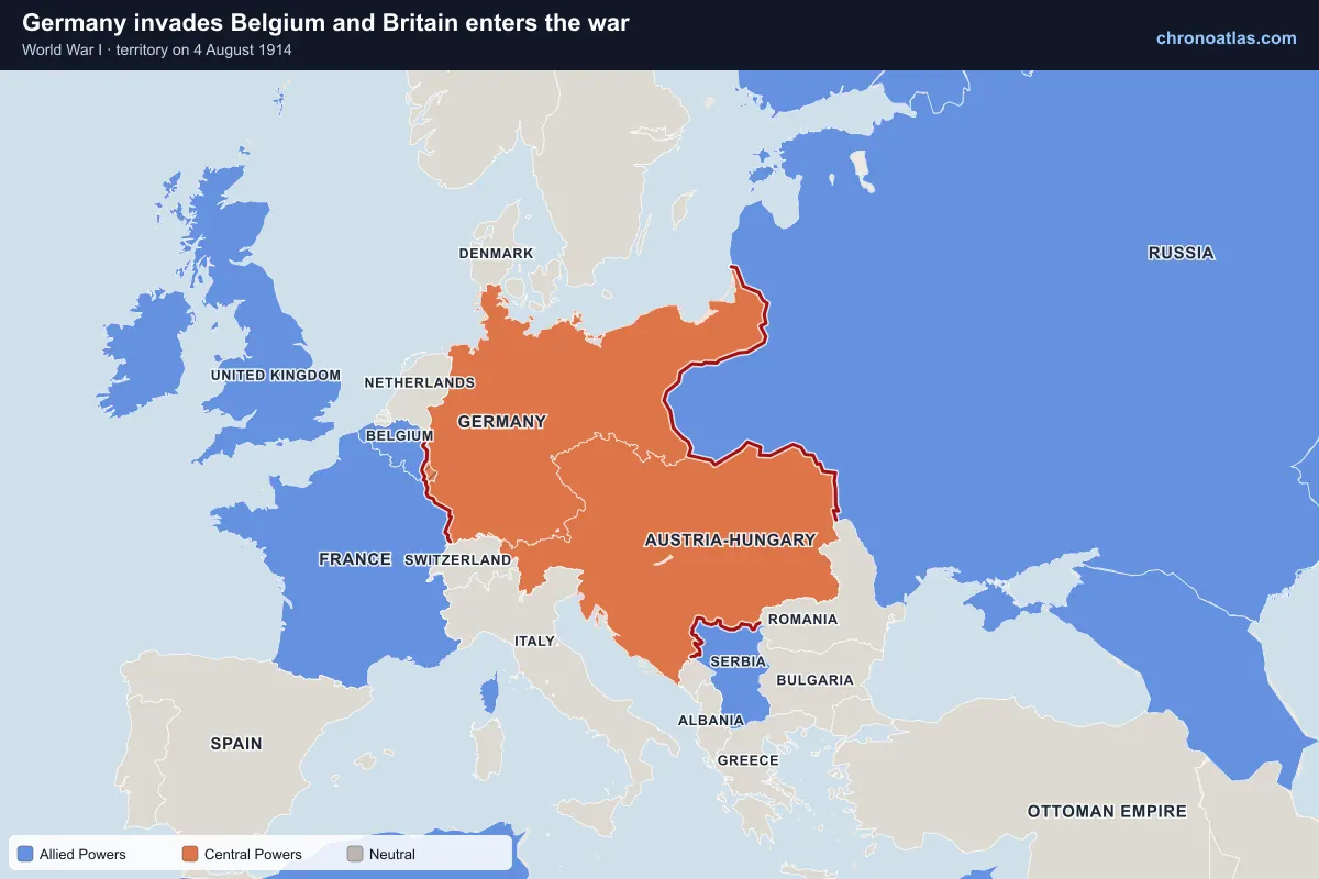 Map of Europe on 4 August 1914 during World War I: Germany invades Belgium and Britain enters the war