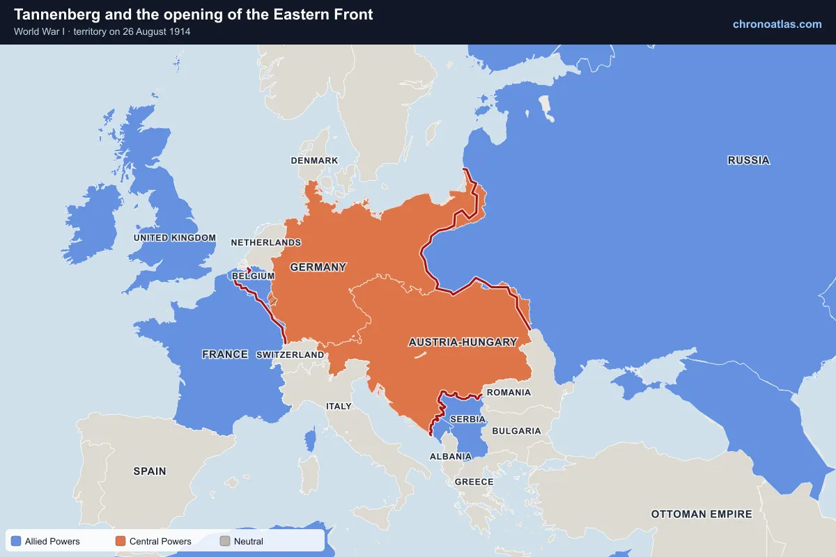 Map of Europe on 26 August 1914 during World War I: Tannenberg and the opening of the Eastern Front