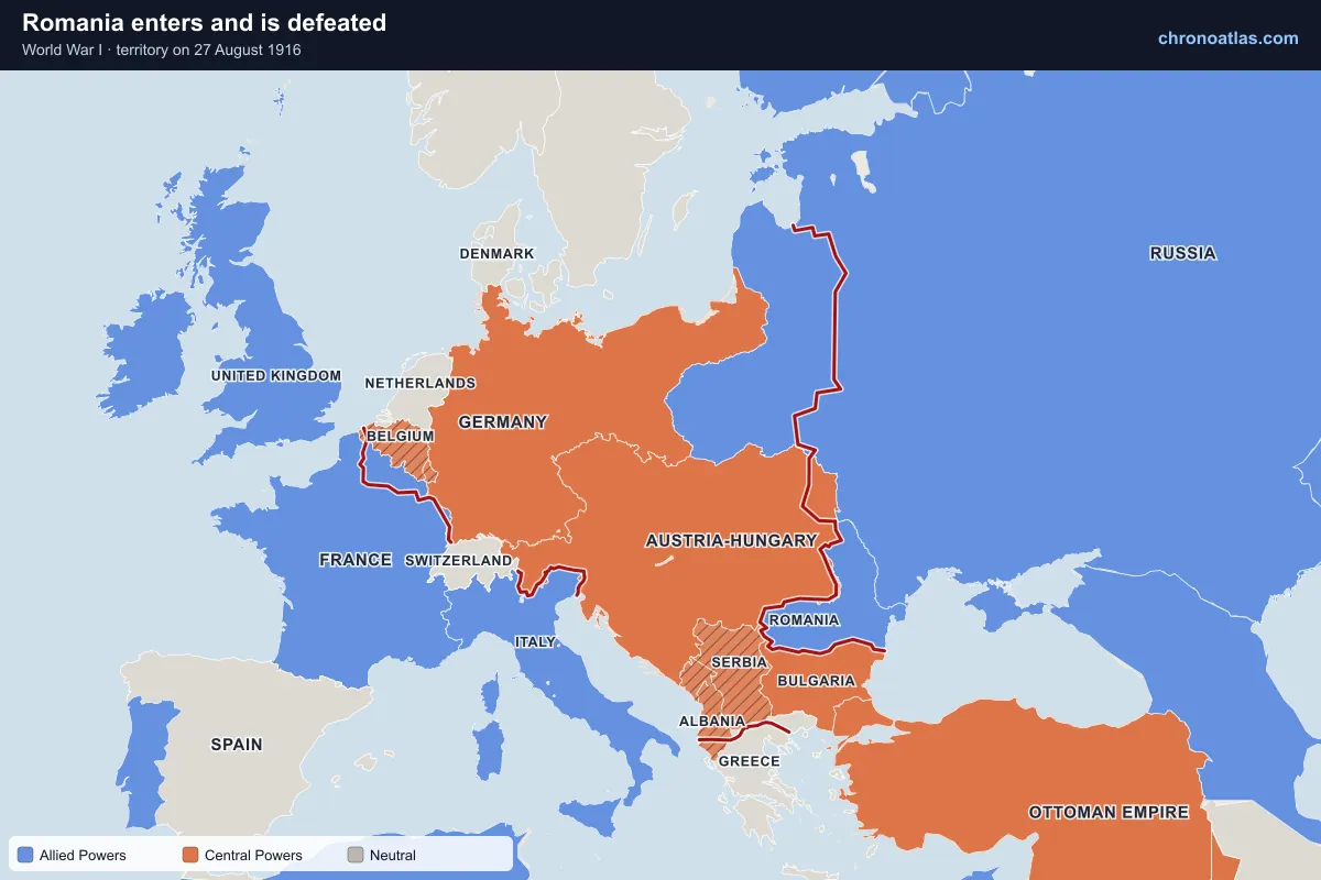 Map of Europe on 27 August 1916 during World War I: Romania enters and is defeated