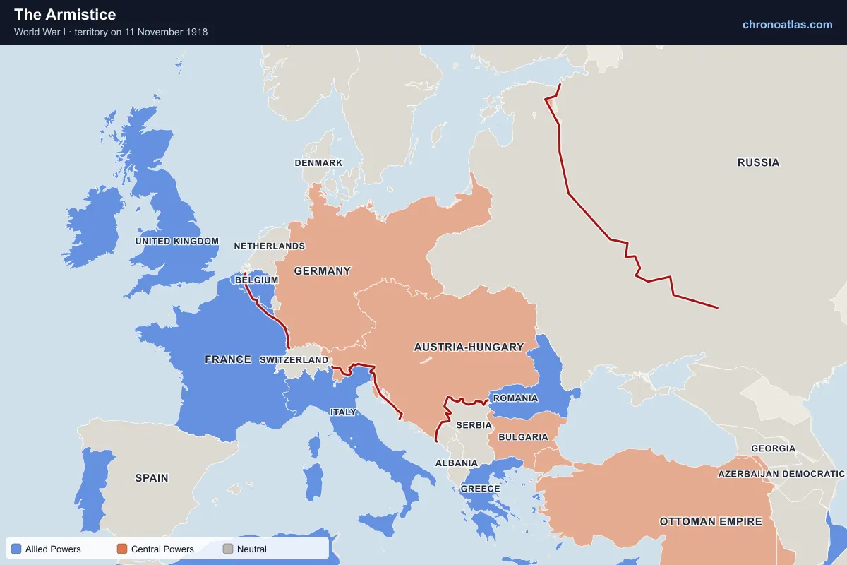 Map of Europe on 11 November 1918 during World War I: The Armistice