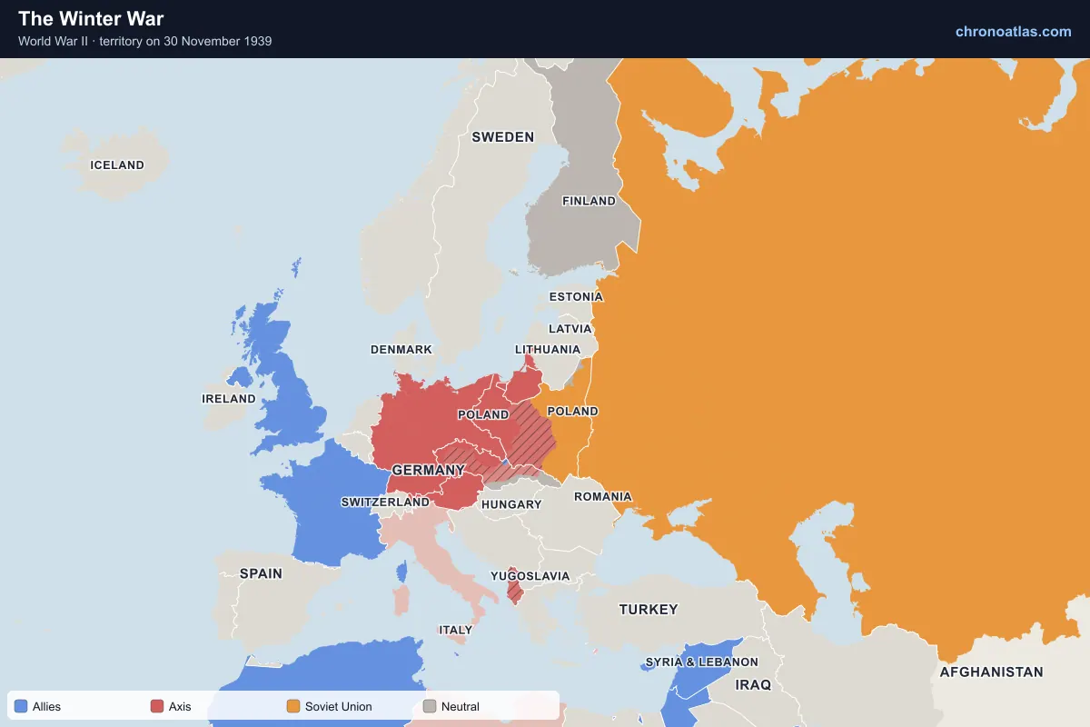 Map of Europe on 30 November 1939 during World War II: The Winter War