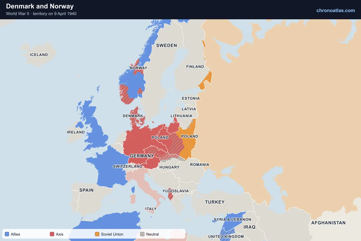 Map of Europe on 9 April 1940 during World War II: Denmark and Norway