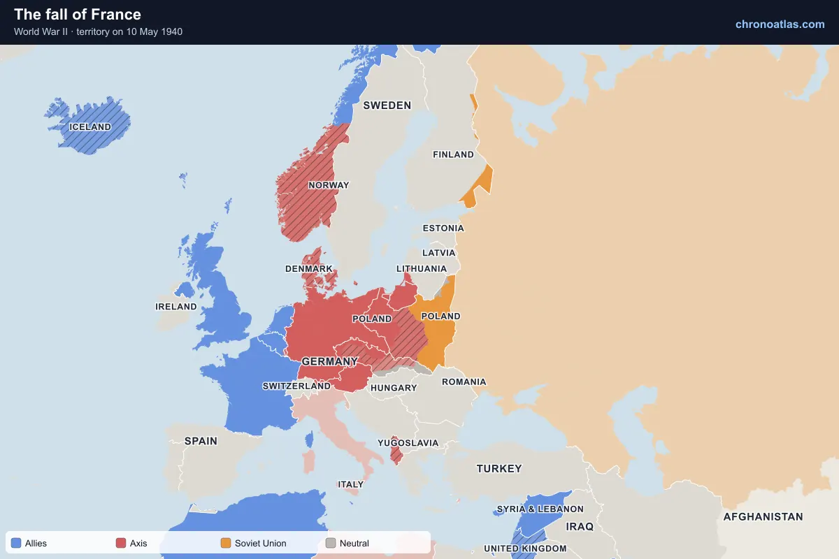 Map of Europe on 10 May 1940 during World War II: The fall of France