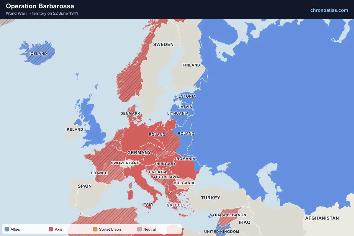 Map of Europe on 22 June 1941 during World War II: Operation Barbarossa
