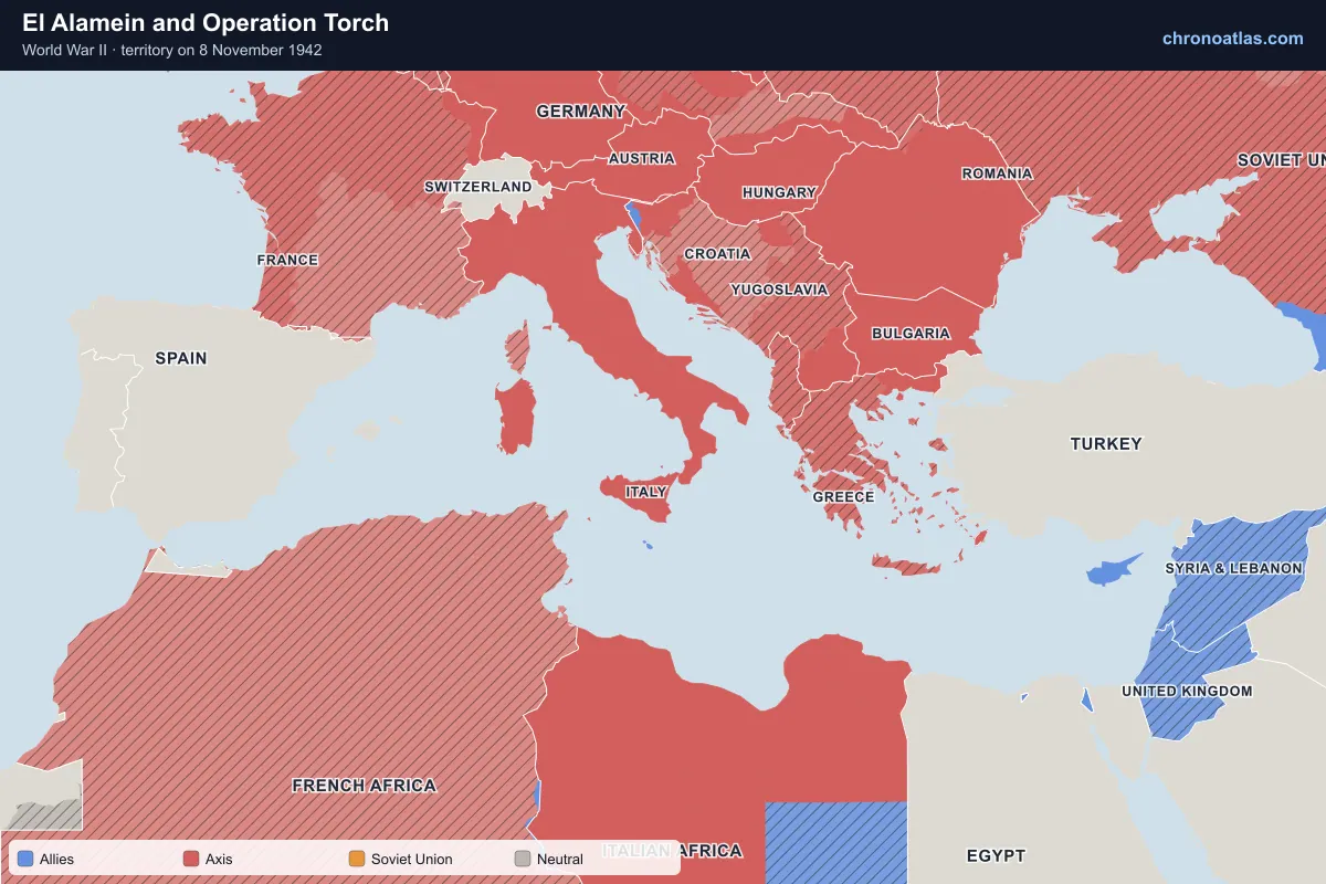 Map of the Mediterranean on 8 November 1942 during World War II: El Alamein and Operation Torch