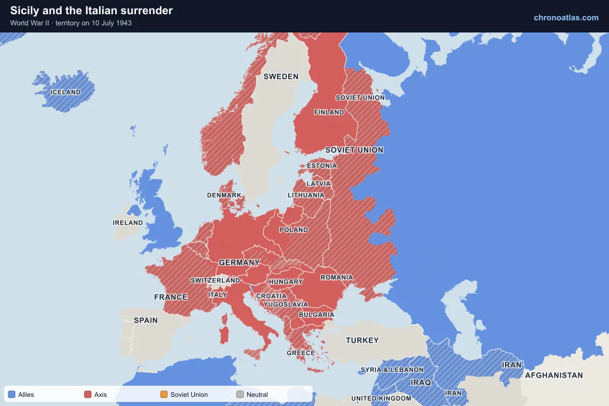 Map of Europe on 10 July 1943 during World War II: Sicily and the Italian surrender