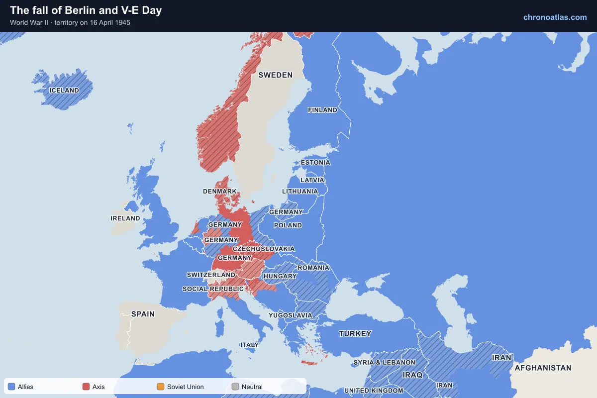 Map of Europe on 16 April 1945 during World War II: The fall of Berlin and V-E Day